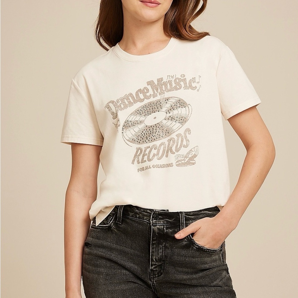 Maurices Dance Music Records Graphic Tee Cream Studded Relaxed Fit Large Women’s